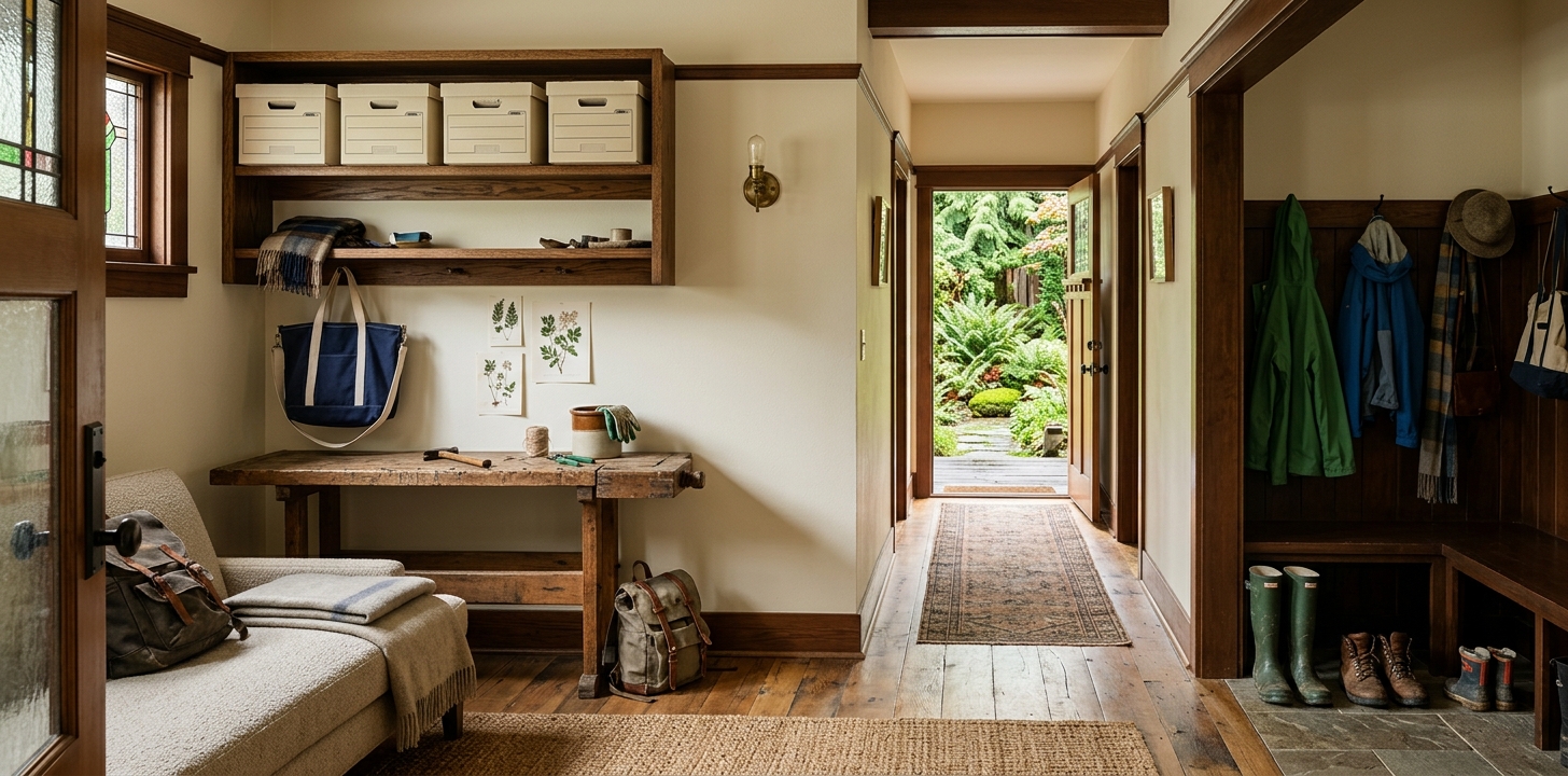 Illustrative Pacific Northwest home with labeled boxes, a clear workbench, a wall light, and an open garden doorway.